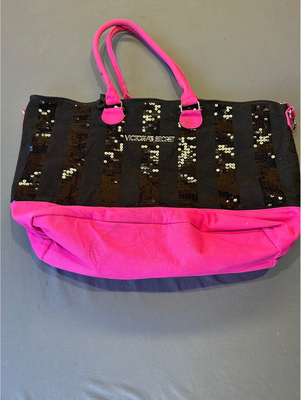 Victoria's Secret Black and Pink Sequin Tote Bag